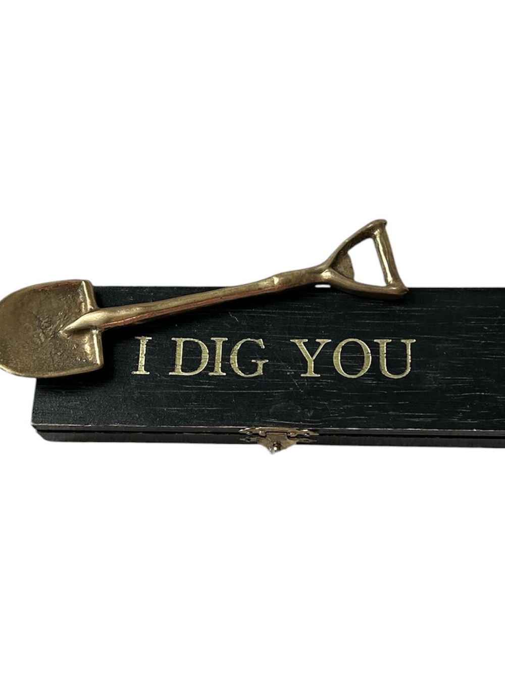 Vintage Mid Century“I Dig You” Brass Shovel Bottle Opener With Wooden Case